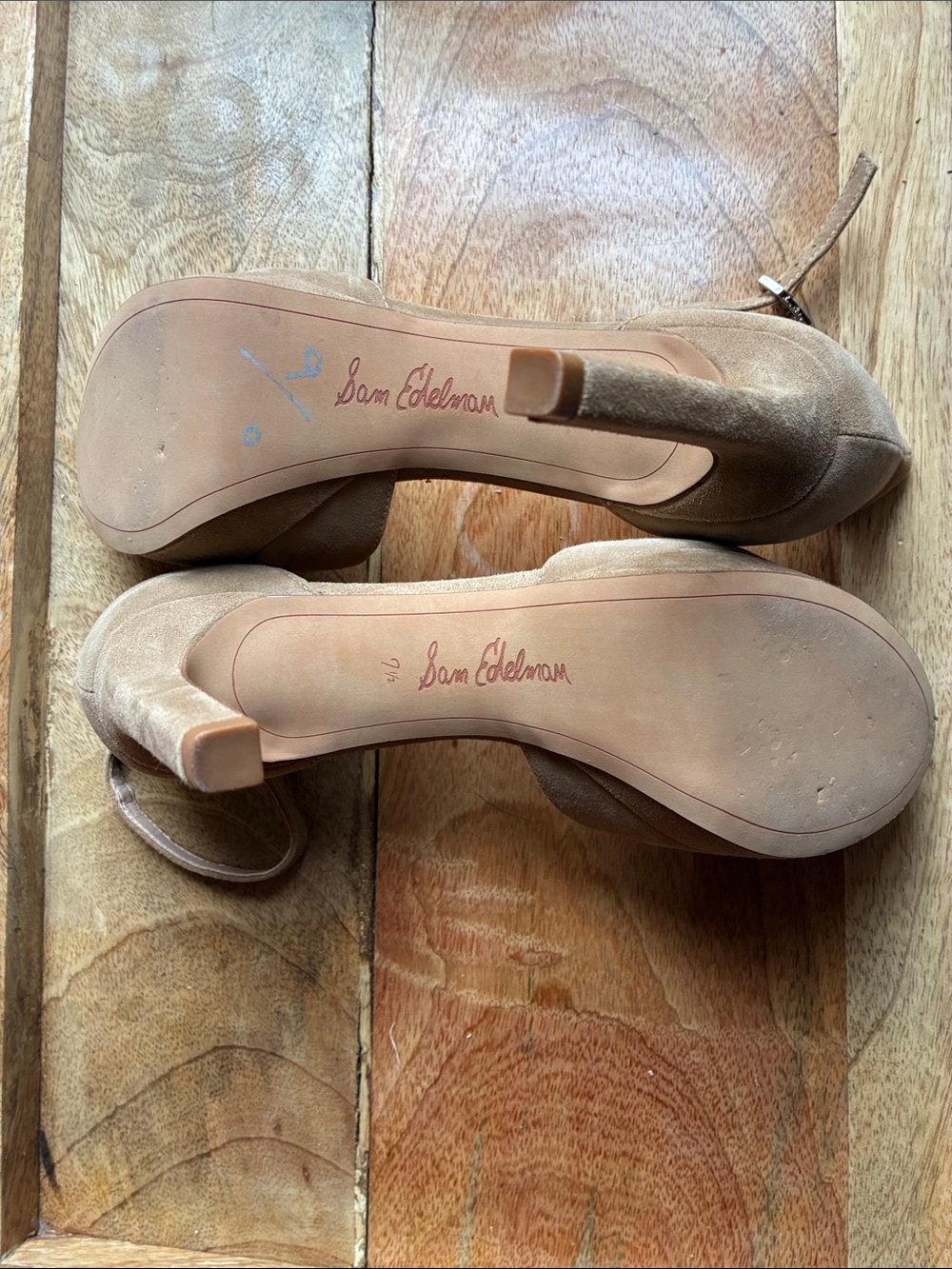 Sam Edelman Tan Suede Platform Peep-Toe Ankle Strap Heels - Picture 12 of 16